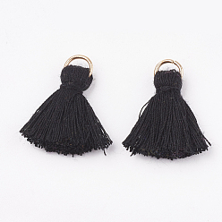 Black Polycotton(Polyester Cotton) Tassel Pendant Decorations, with Iron Findings, Light Gold, Black, 20~30x7~8mm, Hole: 5mm