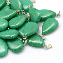 Jade Malais Pendentifs en jade malaisie naturel teint en larme, avec les accessoires en laiton de tonalité de platine, 25~29x16~17x5~6mm, Trou: 2x7mm