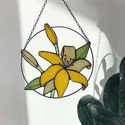 Goldenrod Acrylic Pendant Decorations, Window Hanging Suncatcher, Flat Round with Lily Pattern, Goldenrod, 150x2mm