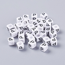 Letter P Acrylic Horizontal Hole Letter Beads, Cube, White, Letter P, Size: about 6mm wide, 6mm long, 6mm high, hole: about 3.2mm, about 2600pcs/500g