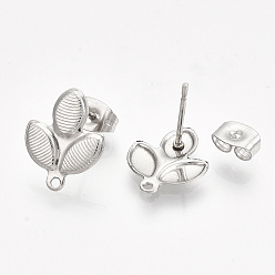 Stainless Steel Color 304 Stainless Steel Stud Earring Findings, with Loop and Ear Nuts/Earring Backs, Leaf, Stainless Steel Color, 14x11mm, Hole: 1mm, Pin: 0.7mm