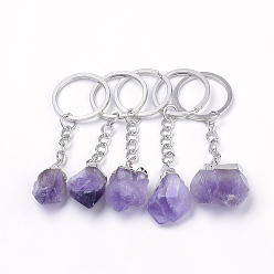 Amethyst Natural Amethyst Keychain, with Iron Findings, Nuggets, Platinum, 80~91mm