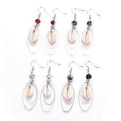 Couleur Mélangete Boucles d'oreilles en laiton balancent, avec des perles de verre et des perles de coquillage, couleur mixte, 72~73 mm, broche: 0.6