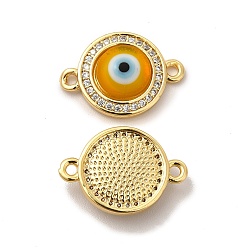 Orange Rack Plating Real 18K Gold Plated Brass Micro Pave Clear Cubic Zirconia Connector Charms, Flat Round with Evil Eye Links, with Handmade Lampwork, Cadmium Free & Lead Free, Long-Lasting, Orange, 18.5x13x4mm, Hole: 1.4mm