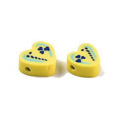 Yellow Handmade Polymer Clay Beads, Heart, Yellow, 8~11x9~10.5x4~5mm, Hole: 1.2~1.6mm