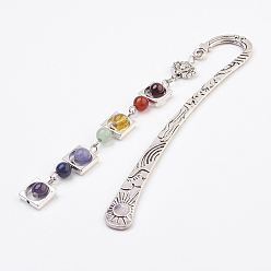 Mixed Stone Natural Gemstone Pendants Bookmarks, with Tibetan Style Alloy Findings, 130x23x6.5mm
