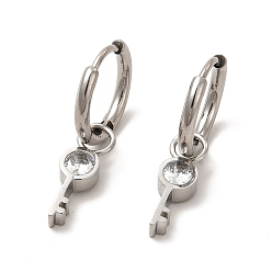 Stainless Steel Color Crystal Rhinestone Skeleton Key Dangle Hoop Earrings, 304 Stainless Steel Jewelry for Women, Stainless Steel Color, 27mm, Pin: 0.9mm
