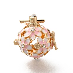 Lavender Blush Alloy Crystal Rhinestone Bead Cage Pendants, Hollow Flower Charm, with Enamel, for Chime Ball Pendant Necklaces Making, Golden, Lavender Blush, 34mm, Hole: 6x3mm, Bead Cage: 26x25x21mm, 18mm Inner Size