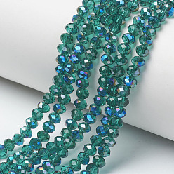 Dark Cyan Electroplate Glass Beads Strands, Half Plated, Blue Plated, Faceted, Rondelle, Dark Cyan, 3.5x3mm, Hole: 0.4mm, about 123~127pcs/strand, 13.7~14.1 inch(35~36cm)