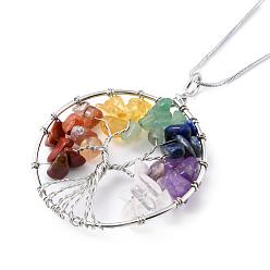 Mixed Stone Tree of Life Mixed Stone Big Pendants Necklaces, with Brass Snake Chain, 16.5 inch