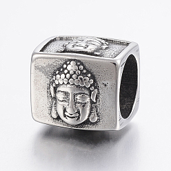 Antique Silver 304 Stainless Steel Beads, Large Hole Beads, Cube with Buddha, Antique Silver, 12x13x11mm, Hole: 8mm