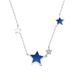 Dark Blue SHEGRACE 925 Sterling Silver Pendant Necklaces, with Epoxy Resin and Cubic Zirconia, Star, Platinum, Dark Blue, 15.75 inch(40cm), Star: 13mm