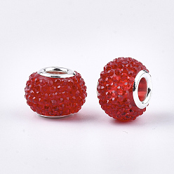 Rouge Rhinestone de résine de perles européennes, Perles avec un grand trou   , en laiton de tonalité de platine noyaux doubles, rondelle, perles baies, rouge, 14x10mm, Trou: 5mm