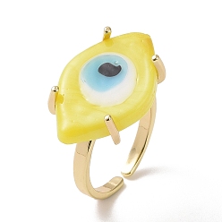 Yellow Lampwork Oval with Evil Eye Open Cuff Ring, Real 18K Gold Plated Brass Lucky Jewelry for Women, Lead Free & Cadmium Free, Yellow, US Size 6 1/4(16.7mm)