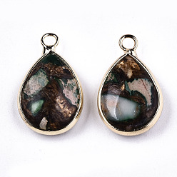 Medium Sea Green Teardrop Assembled Synthetic Bronzite and Regalite/Imperial Jasper Pendants, with Iron Loop and Brass Edge, Light Gold, Dyed, Medium Sea Green, 22~23x14x5~6mm, Hole: 2mm
