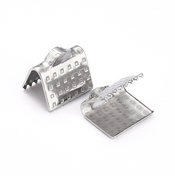 Stainless Steel Color 304 Stainless Steel Ribbon Crimp Ends, Stainless Steel Color, 7x8x6mm, Hole: 1x2.5mm