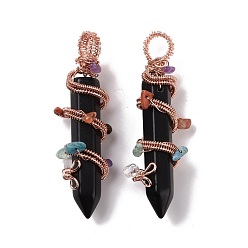 Obsidian Natural Obsidian Pointed Big Pendants, with Rose Gold Plated Rack Plating Brass Findings and Mixed Stone Chip Beads, Cadmium Free & Lead Free, Faceted, Bullet Charm, 64~68x16~17x16~17mm, Hole: 7.5mm