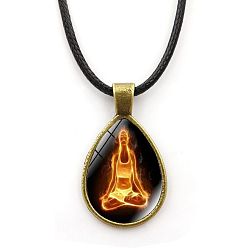 Dark Orange Yoga Theme Alloy Teardrop Pendant Necklace with Wax Rope for Women, Dark Orange, 16.93 inch(43cm)