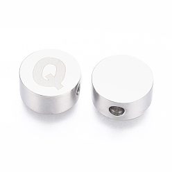 Letter Q 304 Stainless Steel Beads, Flat Round with Letter, Letter.Q, 10x4.5mm, Hole: 2mm