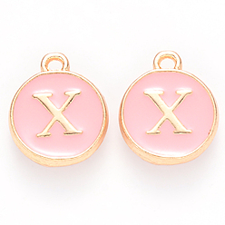 Letter X Golden Plated Alloy Enamel Charms, Cadmium Free & Lead Free, Enamelled Sequins, Flat Round with Letter, Pink, Letter.X, 14x12x2mm, Hole: 1.5mm