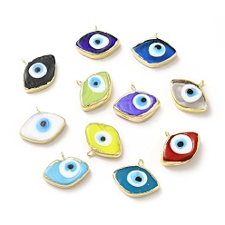 Mixed Color Handmade Lampwork Pendants, with Rack Plating Brass Findings, Long-Lasting Plated, Evil Eye, Mixed Color, 17~18x21~22x4~4.5mm, Hole: 2mm