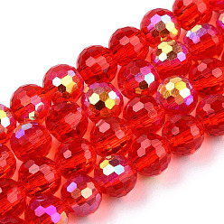 Красный Прозрачные стеклянные бусины гальваническим пряди, граненый (96 граней), с половинным покрытием ab цвета, круглые, красные, 6x5 мм, отверстие : 1 мм, около 95~100 шт / нитка, 20.47~21.34 дюйм (52~54.2 см)