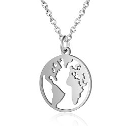 Stainless Steel Color 201 Stainless Steel Pendant Necklaces, with Cable Chains, Earth, Stainless Steel Color, 15.7 inch(40cm), 1.5mm, Pendant: 20x17.5x1mm