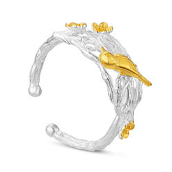 Color mezclado Shegrace fashion 925 anillos de puño de plata esterlina, anillos abiertos pájaro y flor de ciruelo, 18 mm