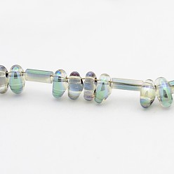 Medium Aquamarine 2 Hole Electroplate Glass Oval Bead Strands, Half Rainbow Plated, with Glass Bugle Beads, Medium Aquamarine, 5x3mm, Hole: 1mm, about 114pcs/strand, 17.3 inch