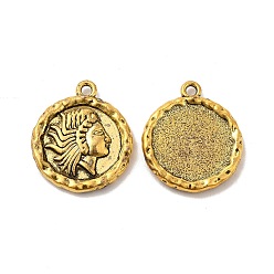 Oro Antiguo Colgantes de la aleación, larga duración plateado, sin plomo y cadmio, redondo y plano con las mujeres, oro antiguo, 23x19.5x2.5 mm, agujero: 1.8 mm