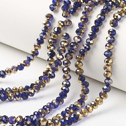 Dark Blue Electroplate Transparent Glass Beads Strands, Half Golden Plated, Faceted, Rondelle, Dark Blue, 4x3mm, Hole: 0.4mm, about 130pcs/strand, 16.54 inch(42cm)
