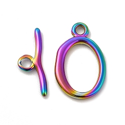 Rainbow Color Ion Plating(IP) 304 Stainless Steel Toggle Clasps, Oval, Rainbow Color, Oval: 21.5x14x2mm, Hole: 2mm, 13.5x9mm inner diameter, Bar: 19x7x2mm, hole: 2.5mm