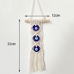 Floral White Handmade Macrame Cotton Thread Tassel Pendant Decoration, with Glass Turkey Evil Eye and Wood Bar, for Car Wall Hanging Decoration, Floral White, 220x120mm