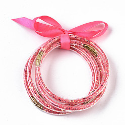 Deep Pink PVC Plastic Buddhist Bangle Sets, Jelly Bangles, with Paillette/Sequins and Polyester Ribbon, Deep Pink, 2-1/2 inch(6.5cm), 5pcs/set