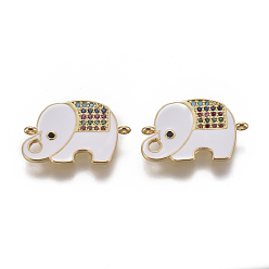 Golden Brass Micro Pave Cubic Zirconia Links, with Enamel, Elephant, Colorful, Golden, 14x22x1.5mm, Hole: 1mm