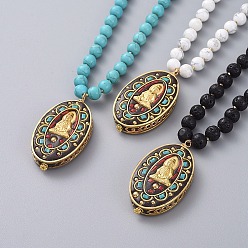 Mixed Stone Buddhist Jewelry, Guan Yin Pendant Necklaces, with Handmade Oval Indonesia Goddess of Mercy Pendants, Glass Seed Beads, Natural & Synthetic Mixed Stone Beads, Braided Nylon Thread and Copper Wire, 30.86 inch(78.4cm), Pendant: 55x30x9.6mm