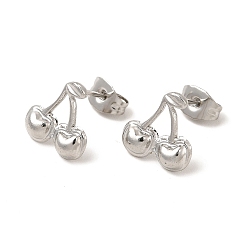 Stainless Steel Color 304 Stainless Steel Stud Earrings for Women, Cherry, Stainless Steel Color, 11x11mm, Pin: 0.8mm