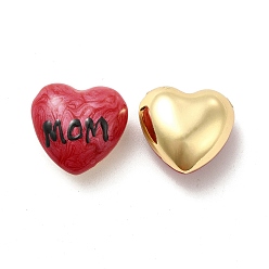 Red Brass Enamel Beads, Real 18K Gold Plated, Long-Lasting Plated, Heart with Word Mom, Red, 17.5x18x10mm, Hole: 2mm