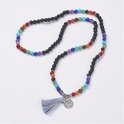 Lava Rock Natural Gemstone Beads Necklaces, with Polyester Tassel and Alloy Findings, 25.9 inch(66cm)