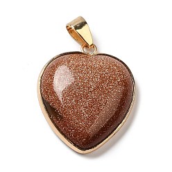 Камень с Пылевым Золотом Синтетические голдстоуновские подвески, сердце прелести, с золотой фурнитурой из железа и латуни, 29x24~24.5x6~6.5 мм, отверстие : 7~7.3x3.8~4.3 мм