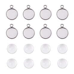 Stainless Steel Color DIY Pendant Making, 304 Stainless Steel Pendant Cabochon Settings and Flat Round Glass Cabochons, Clear, Stainless Steel Color, Cabochon Settings: 17.5x14x2mm, Hole: 2mm, Tray: 12mm, Cabochons: 12x6mm