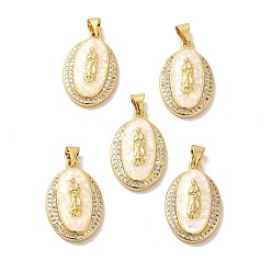 Real 18K Gold Plated Rack Plating Brass Micro Pave Cubic Zirconia with Synthetic Opal Pendants, with Jump Ring, Lead Free & Cadmium Free, Long-Lasting Plated, Oval with Saint, Real 18K Gold Plated, 22.5x15x4mm, Hole: 5x3.6mm