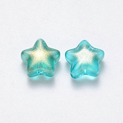 Turquoise Spray Painted Glass Beads, with Glitter Powder, Star, Turquoise, 8x8.5x4mm, Hole: 1mm