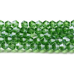 Verde Lima Transparentes cuentas de vidrio electroplate hebras, lustre de la perla chapado, facetados, bicono, verde lima, 3x2.5 mm, agujero: 0.7 mm, sobre 162~185 unidades / cadena, 12.76~14.61 pulgada (32.4~37.1 cm)