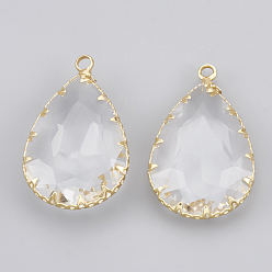 Real 18K Gold Plated Brass Glass Pendants, Faceted, teardrop, Clear, Real 18K Gold Plated, 29.5x18.5x7mm, Hole: 2mm