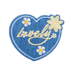 Heart Computerized Embroidery Cloth Iron on/Sew on Patches, Costume Accessories, Appliques, Deep Sky Blue, Heart Pattern, 70x83mm