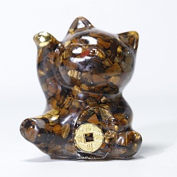 Ojo de Tigre Decoraciones de exhibición artesanales de resina y chip de ojo de tigre natural, figura de gato de la suerte, para el hogar adorno de feng shui, 63x55x45 mm