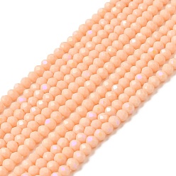 Salmon Electroplate Opaque Solid Color Glass Beads Strands, Half Rainbow Plated, Faceted, Rondelle, Salmon, 4x3mm, Hole: 0.4mm, about 123~127pcs/strand, 16.5~16.9 inch(42~43cm)