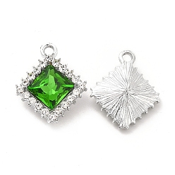 Verde Colgantes de cristal de aleación, encanto de rombo de diamantes de imitación de cristal, Platino, verde, 19.5x16.5x6 mm, agujero: 2 mm