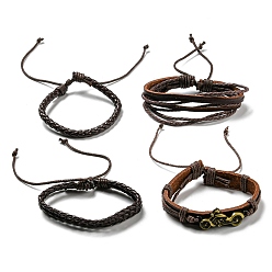 Coconut Brown 4Pcs 4 Style Adjustable Braided Imitation Leather Cord Bracelet Sets, Alloy Motorcycle Stackable Bracelets for Men, Coconut Brown, Inner Diameter: 2~3-1/8 inch(5~8cm), 1Pc/style